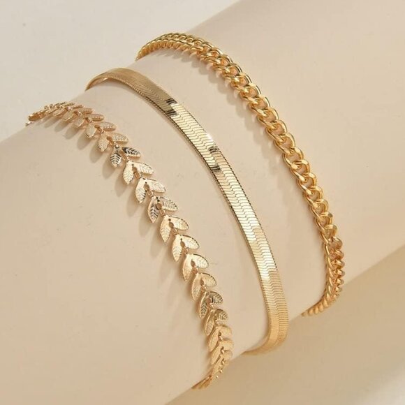 NWOT - Set of 3 Anklets  - Gold Tone Snake Chain - Picture 1 of 4